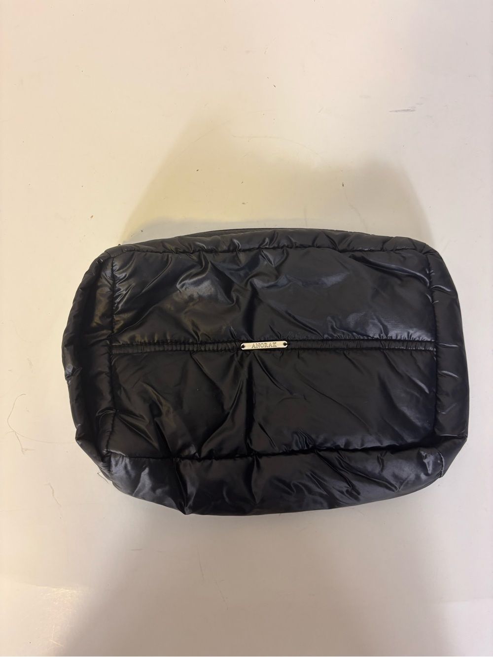 Anorak Black Shiny Quilted Puffer Cosmetic Makeup Bag Pouch with Handle